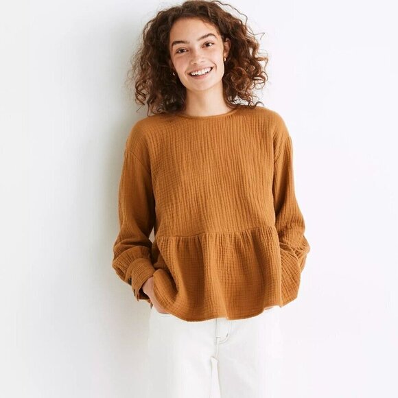 Madewell Peplum Top Brown Long Sleeve Lightspun Button-Back Women's Small - Picture 1 of 10